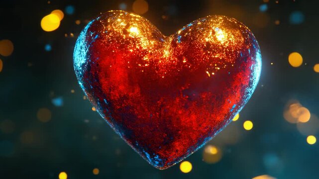 Red heart shaped fireworks exploding in background, celebration, festive atmosphere.