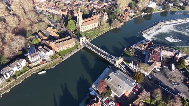 Aerial video capture of the River Thames at Marlow in Buckinghamshire