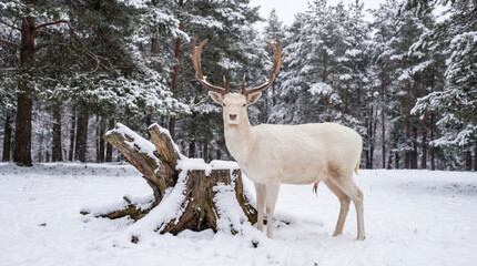 Naklejka premium Majestic white deer standing in winter forest with snow-covered ground and snowy tree stump. This white deer, a symbol of winter beauty,