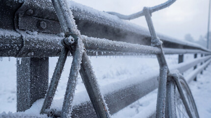 Frost-covered bicycle parked beside metal railing in winter landscape, showcasing icy details and snow accumulation. Winter scene depicts bicycle amidst frozen surroundings,