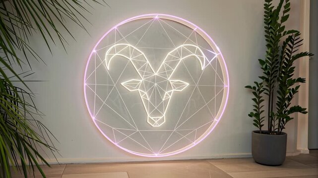 Capricorn zodiac Neon Geometric Ram Head Art Glowing on Wall with Pink and White, Surrounded by Plants Creating Modern Artistic Ambiance