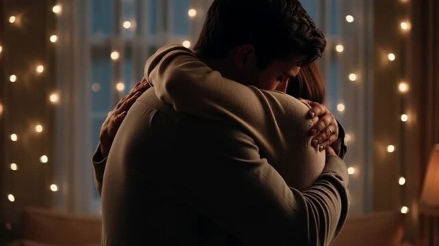 Couple embracing in warmly lit room with string lights