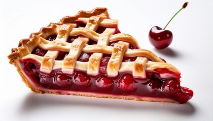 Slice Of Homemade Cherry Pie With Lattice Crust Against White Background