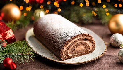 Yule Log Cake On Plate With Christmas Decorations