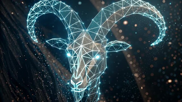 Capricorn zodiac Glowing Geometric Ram Head Futuristic and Mystical Digital Illustration with Neon Lines and Starry Background