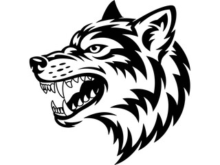A black and white vector graphic illustration of a wolf's head in a fierce expression