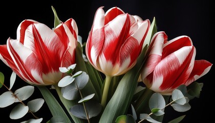 Stunning Bouquet Of Red And White Striped Tulips With Eucalyptus Leaves Against A Dark Background Evoking Elegance And Natural Beauty