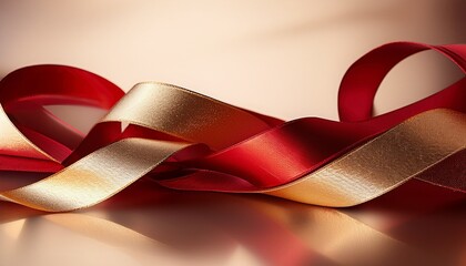 Elegant Red And Gold Abstract Ribbons On Soft Neutral Background With Reflective Surface