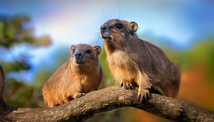 Two Rock Hyraxes Perched On A Sun Drenched Tree Branch Gazing Forward Against A Blurred Sky And Foliage Background