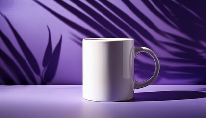 A Blank White Mug On A Purple Surface With Palm Leaf Shadows