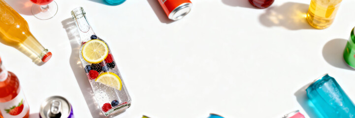 Colorful soda cans and sparkling water bottle with fruit frame. Dry January non-alcoholic beverages flat lay. Copy space for text