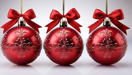 Three Shiny Red Holiday Ornaments Decorated With A Festive Ribbon Bow Perfectly Isolated Against A Clean White Backdrop Winter Bow Three