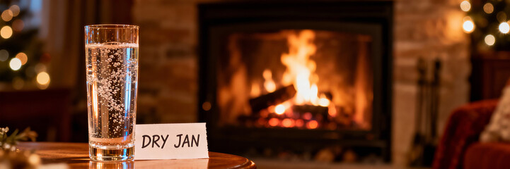 Tall glass of sparkling water with Dry Jan sign. Alcohol free beverage on wooden table near cozy fireplace background. New Year resolution concept