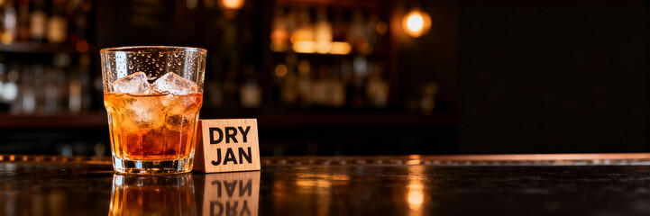 Dry January concept with wooden block and cold amber drink on bar counter. Alcohol free mocktail or whiskey glass with ice and condensation. Panoramic banner with copy space for text