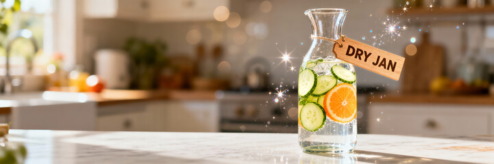 Glass carafe of infused water with cucumber and orange slices for Dry January. Healthy detox drink on kitchen counter with sparkling effects. Panoramic banner with copy space