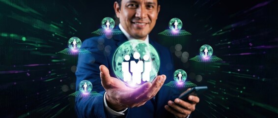 Smiling man in suit holding globe with people icons, representing global network and team building, with digital connections