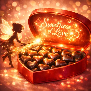 AI Fairy Chocolates. A chocolate fairy with transparent wings holds a magic wand over a heart-shaped box of chocolates, sparkles fall on sweets, Sweetness of love, festive red and yellow background.