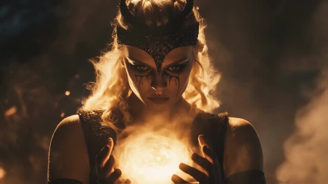 Blond viking seer with horned helmet and face paint holding a glowing orb in her hands, surrounded by smoke and fire, creating a mystical atmosphere