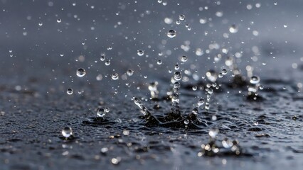 Water droplets impact a dark textured surface creating splashes and crowns with many drops suspended in the air