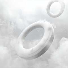 A surreal scene of two floating white rings surrounded by soft clouds and light, ethereal smoke. The futuristic vibe and abstract design evoke a sense of mystery and fluid motion, perfect for modern