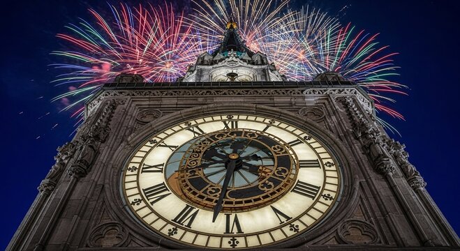 Colorful fireworks exploding over a vintage clock tower at night. Celebration and happy New Year concept. Holiday event banner.