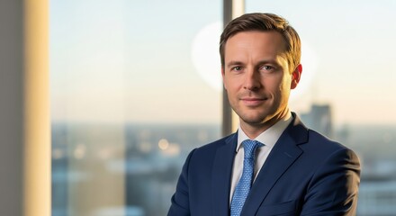 Professional portrait of a confident young businessman in a sharp suit and tie, smiling confidently in a modern high-rise office with a blurred city skyline background, conveying success and expertise
