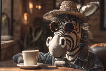 Amusing zebra in sunglasses and hat enjoys coffee at a cafe table with a whimsical vibe