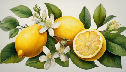 lemons with blossoms and leaves