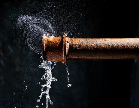 leaking rusty pipe with water splash against dark background