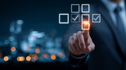 Fototapeta premium A professional in a suit interacts with a digital checklist, highlighting a selected option against a blurred city backdrop, symbolizing success and decision-making.