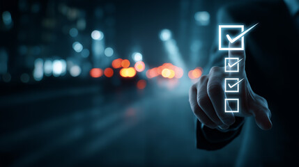 A business professional interacts with a digital checklist against a blurred city background, symbolizing productivity and focus.