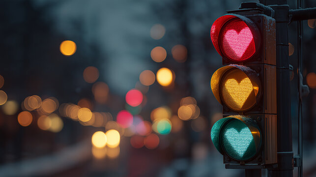 A whimsical traffic light featuring heart-shaped signals, glowing warmly against a blurred backdrop of colorful city lights, evoking a sense of love.