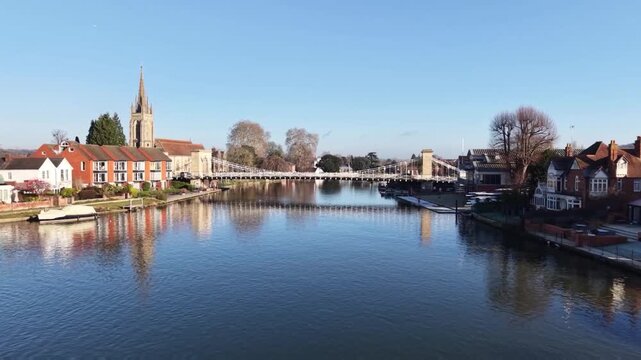 Aerial video capture of the River Thames at Marlow in Buckinghamshire