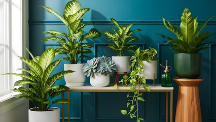 Green Houseplants Potted Plants Interior Decor Teal Wall