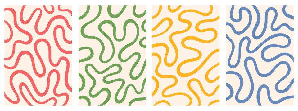 Twisted lines, fluid, curved, wiggling stripes, waves vector backgrounds set. Liquid, funky chaotic ornaments, groovy hippie patterns collection. Doodle, uneven hand drawn wavy, organic winding lines