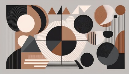 minimalist abstract geometric background with simple shapes including circles triangles rectangles wavy lines and arrows modern flat design pattern in neutral brown black and gray tones