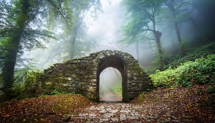 ancient stone archway in misty forest