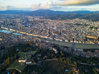 Fototapeta premium High altitude aerial panorama of Florence with Forte di Belvedere in the foreground, scenic city skyline in soft evening light before sunset, Tuscany, Italy.