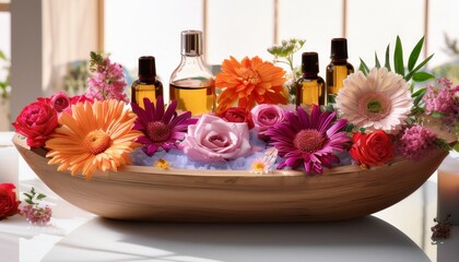 floral bath with colorful blossoms and essential oils creating a calming spa atmosphere
