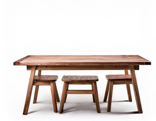 rustic wooden table and stools on white background for art use
