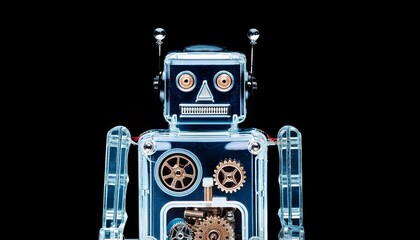 x ray view of vintage toy robot with mechanical parts and gears on black background