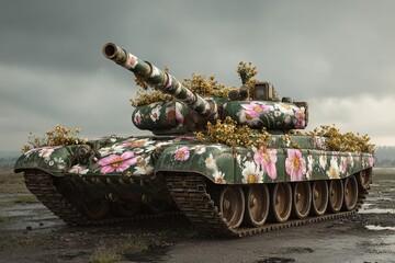 Obraz premium Vintage n 90 military tank adorned with flowers a unique blend of warfare and nature