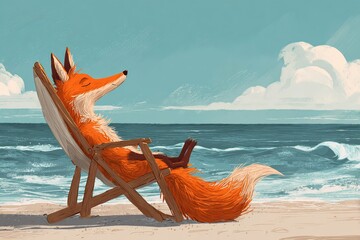 Joyful anthropomorphic fox relaxing in a cozy chair overlooking the tranquil ocean view