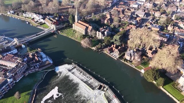 Aerial video capture of the River Thames at Marlow in Buckinghamshire