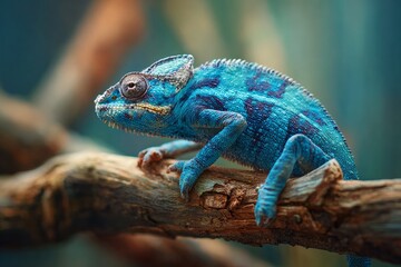 Obraz premium Charming blue chameleon perched on a broken branch with soft bokeh background effect