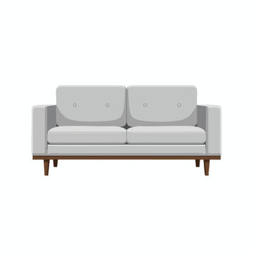 A light gray two-seater sofa with wood legs on a white background