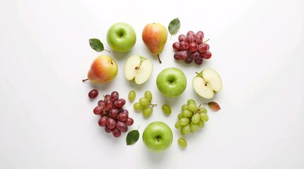 flat lay of fresh apples pears and grapes on white background