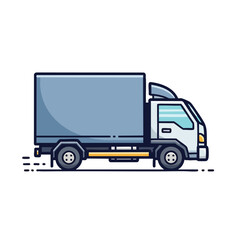 A simple side view illustration of a box truck, with blue tones and a white cab