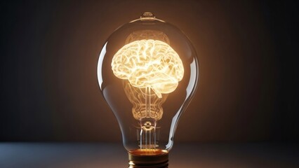 A glowing brain within a clear glass light bulb illuminates a dark setting with warm light standing on a reflective surface with a metallic threaded base