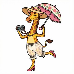 Playful giraffe holding a camera and umbrella wearing summer attire  